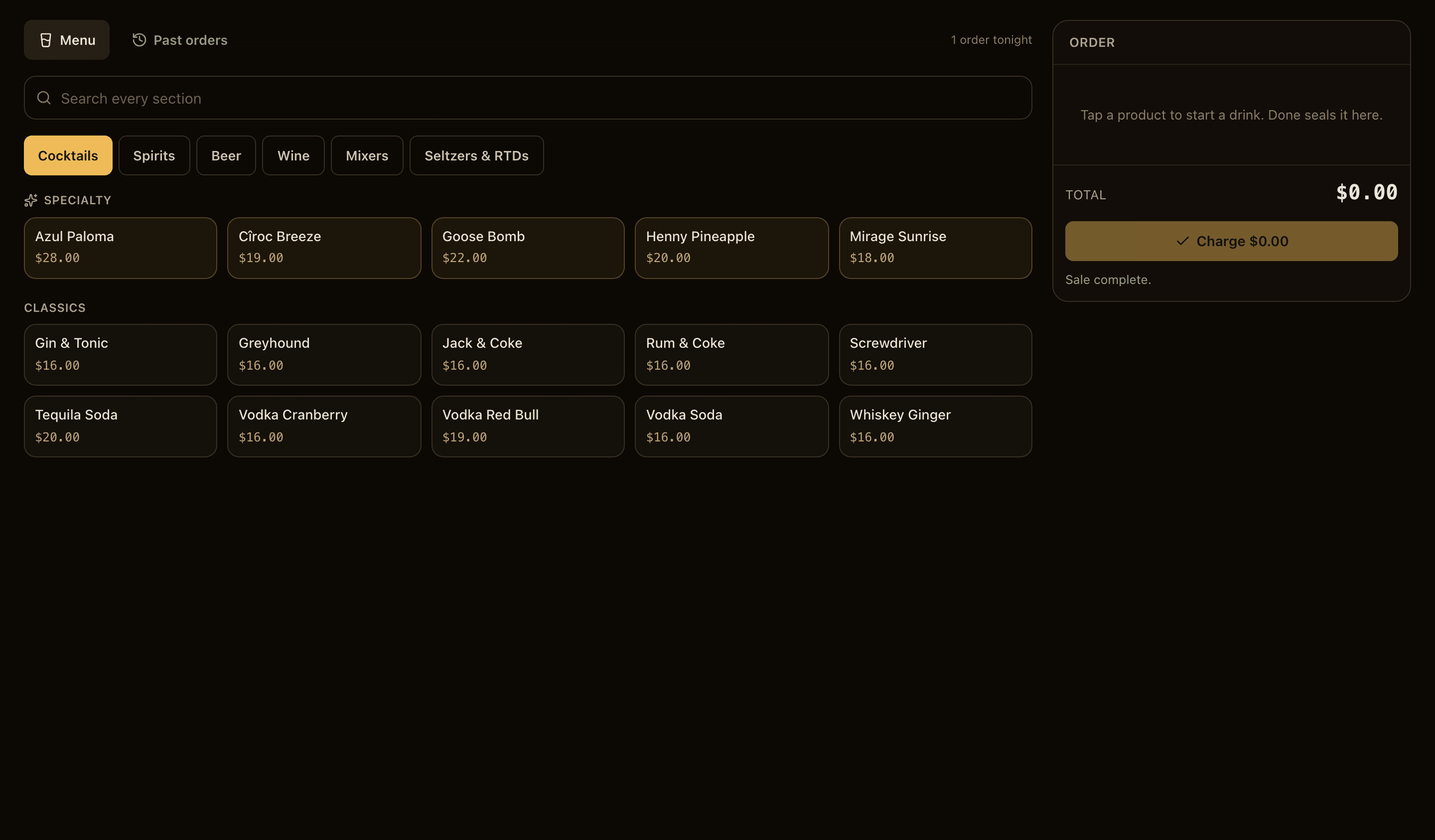 Sale complete: the order panel reset for the next round, one order tonight