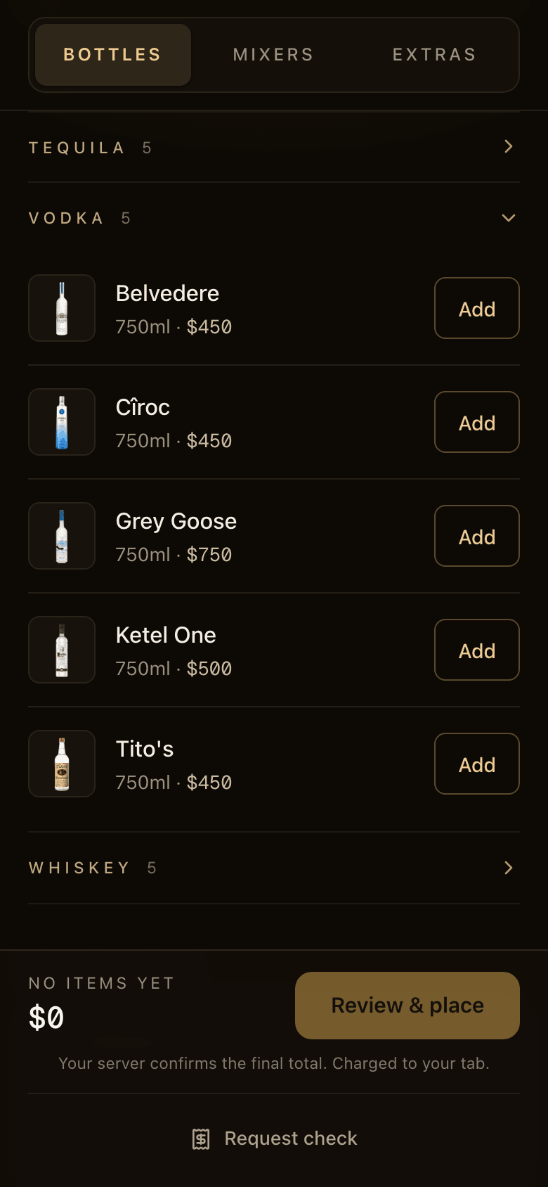The BottleLady guest menu on a phone: vodka bottles with prices and a gold Review and place button