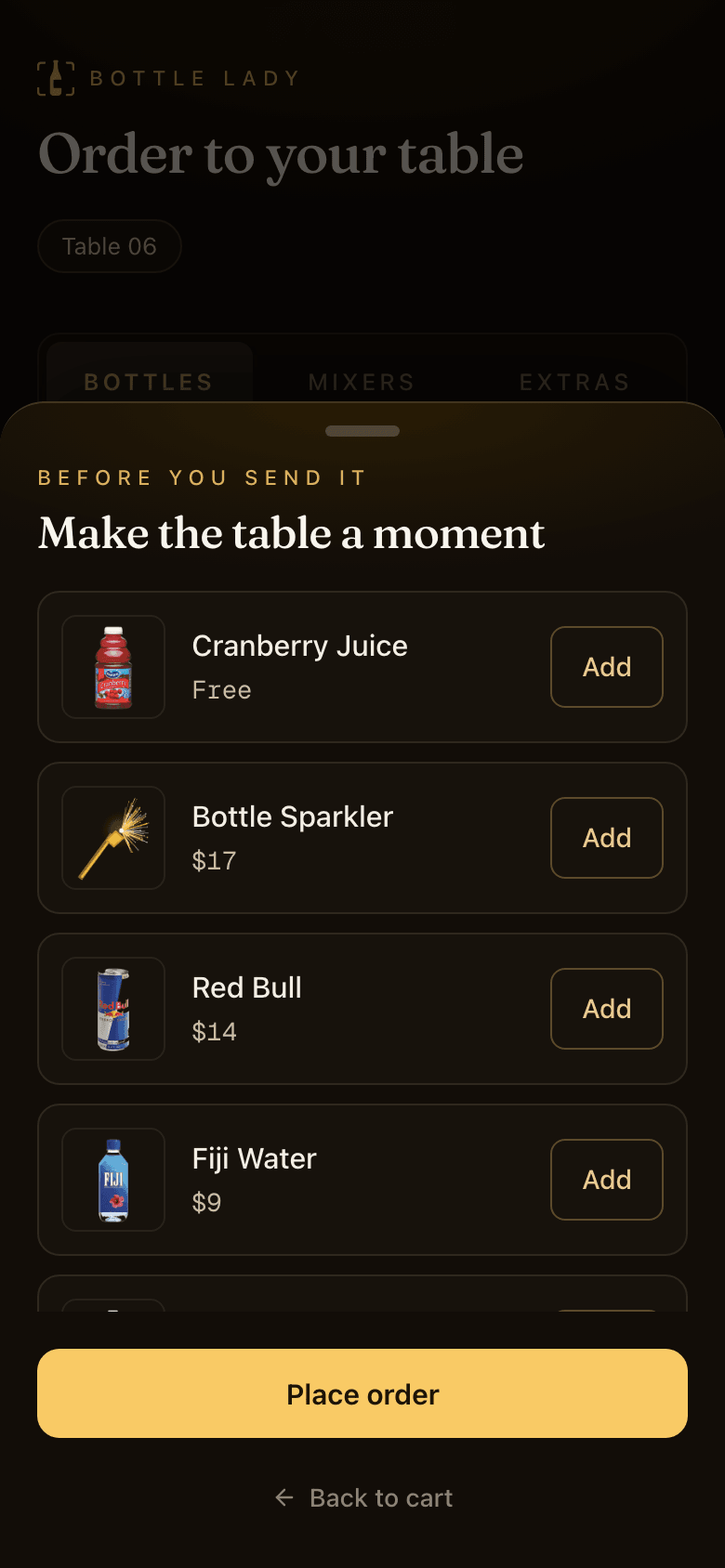 The Make the table a moment sheet suggesting Cranberry Juice free with bottle, Bottle Sparkler, Red Bull, and Fiji Water