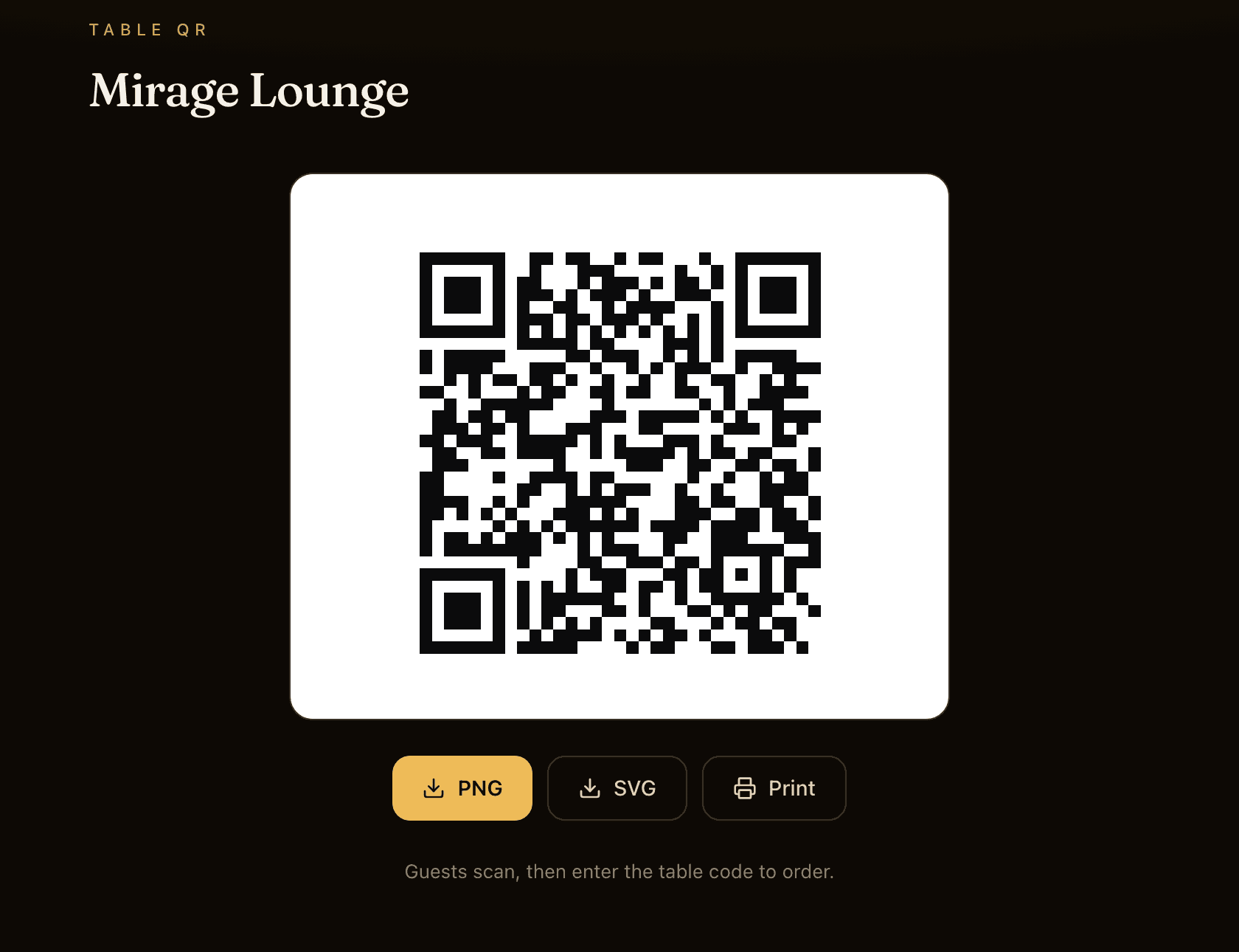 The printable table QR screen for a club, with PNG, SVG, and Print buttons and a scan-to-order instruction