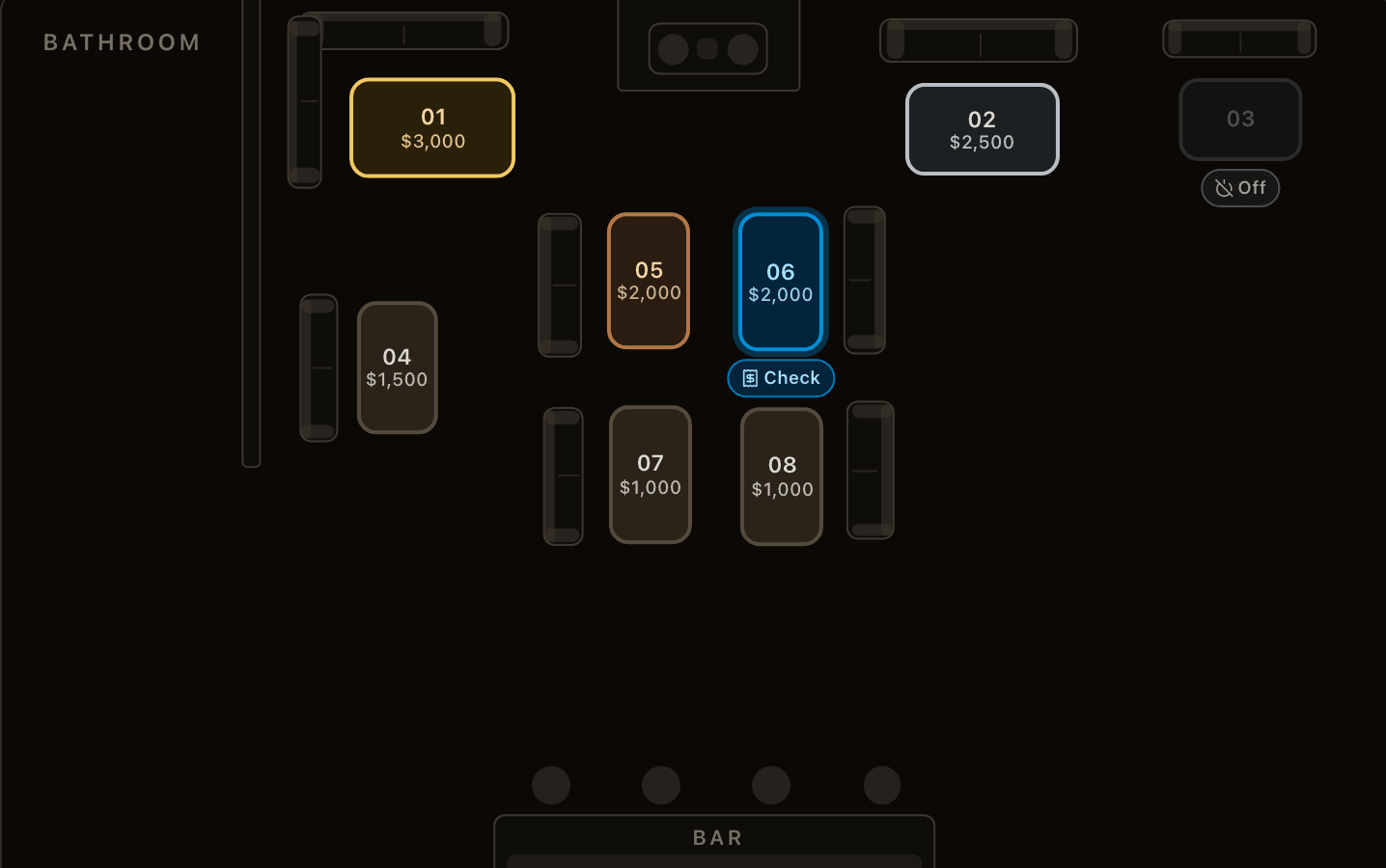 The floor-plan map: table nodes on the club's floor plan showing minimum spends, a blue check-requested table, a grey off table, and gold, silver, and bronze VIP tables