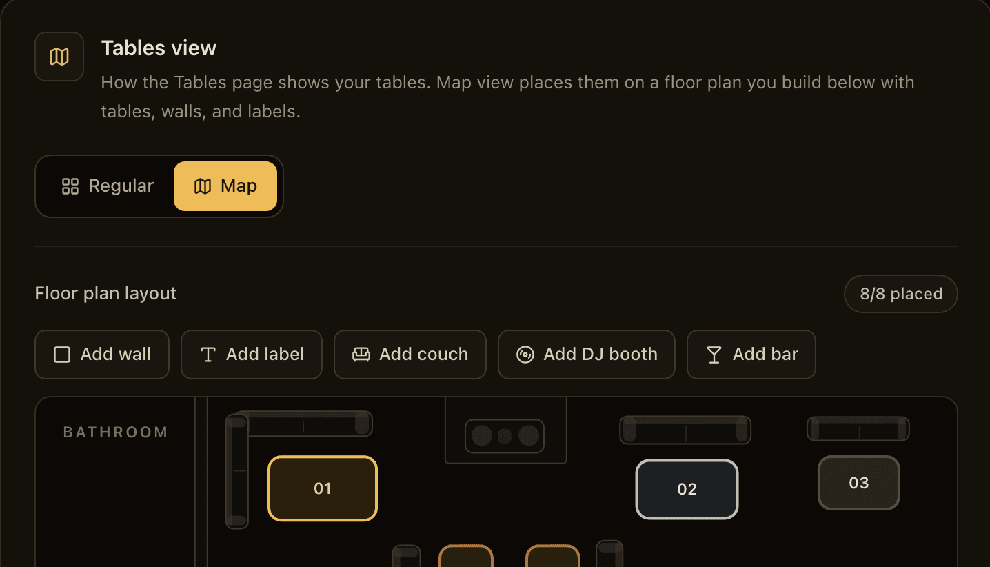 The floor-plan layout editor in settings: draggable table nodes with seat capacities, 8 of 8 placed